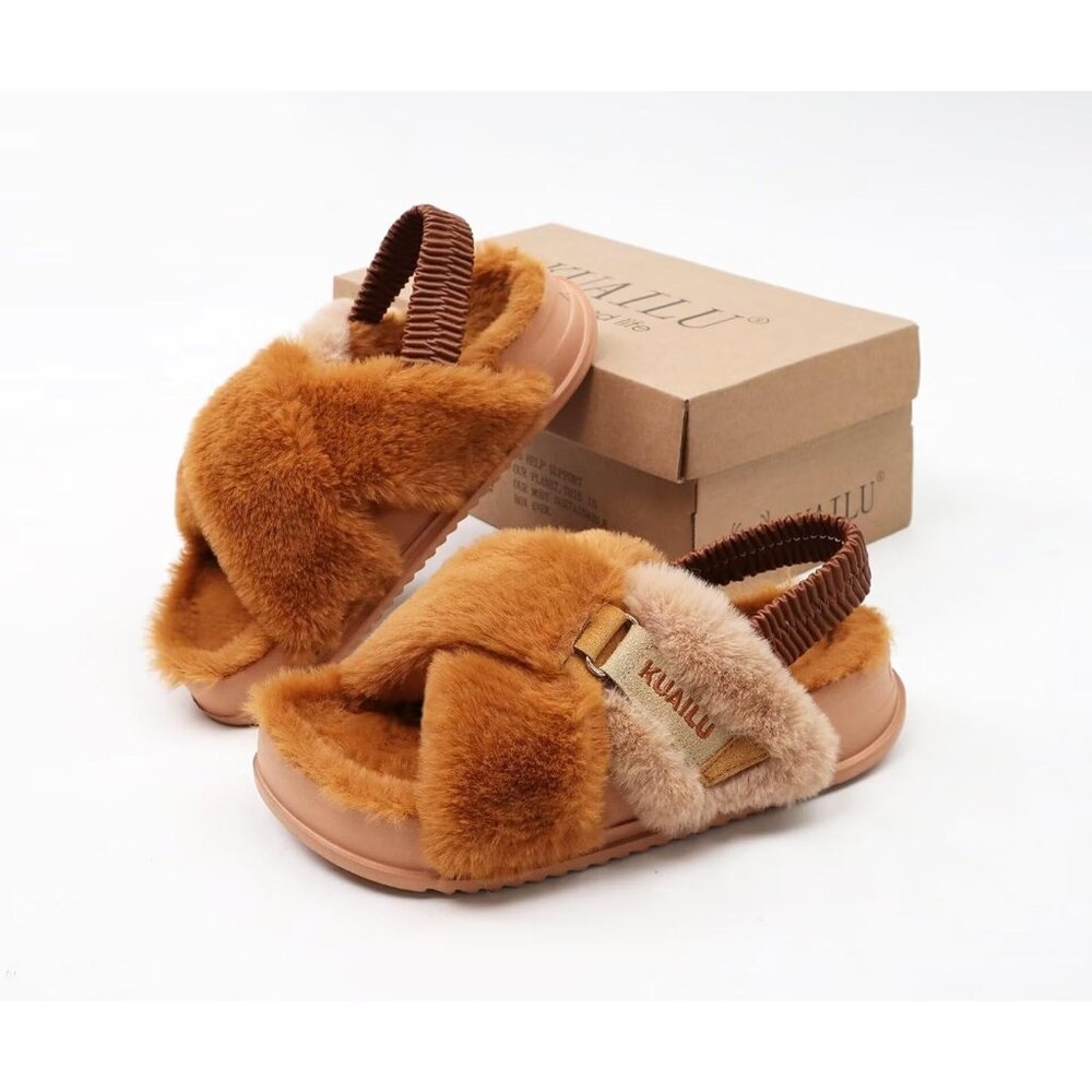 Women's Brown Fleece Fuzzy Fur Criss Cross Open Band Cozy Slippers Shoes - Picture 9 of 9